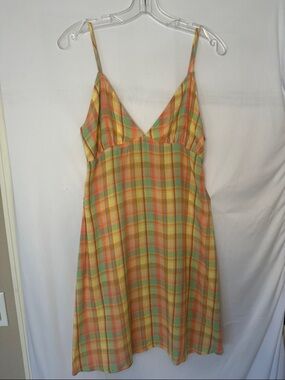 Billabong Pastel Plaid Spaghetti Strap Dress in Yellow, Green & Peach